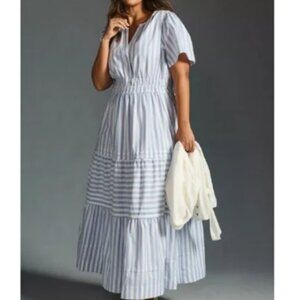 Anthropologie Blue White Striped Short Sleeve V Neck Maxi Dress